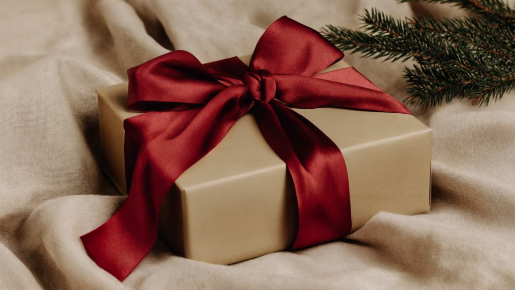 A brown gift box with a red satin bow on a brown fabric. Christmas Gift Ideas.